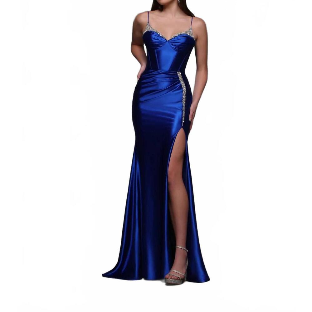 NEW CANDICE fitted corset crystal v neck prom dress in cobalt